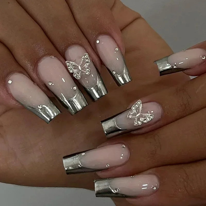 Ingvn  24Pcs Simple Blue French Fake Nails with Diamond Love Pattern Design False Nails Press on Mid-length Ballet Full Cover Nail Tips