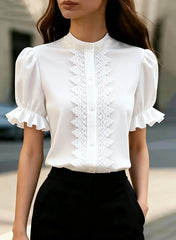 Ingvn  Women Lace Trim Puff Sleeve Blouse Ruffle Short Sleeve Button Down Shirt Top Casual Office Wear
