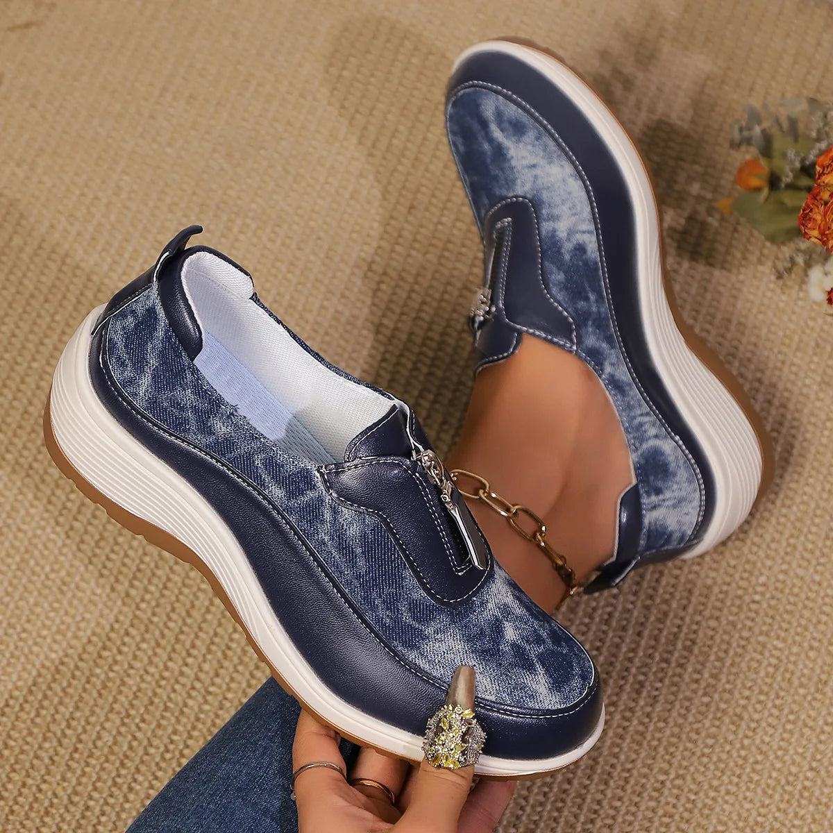 Ingvn  Women's Leopard Print Wedge Sneakers Fashionable Front Zipper Thick Sole Vulcanized Shoes Woman Casual Comfortable Sport Shoes