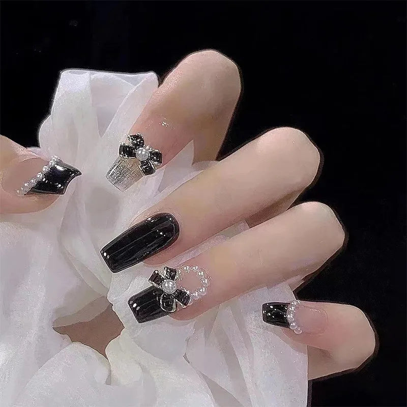 Ingvn  24Pcs Pink Ballet Fake Nails Full Cover Nail Tips Long Ballet False Nails with Rhinestone Chain Design Wearable Press on Nails