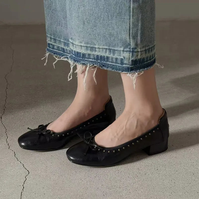 Ingvn  Vintage Rivet Bowknot Women Ballet Pumps Comfortable Soft Leather 3cm Thick Heeled Lazy Loafers Spring Summer Casual Girls Shoes