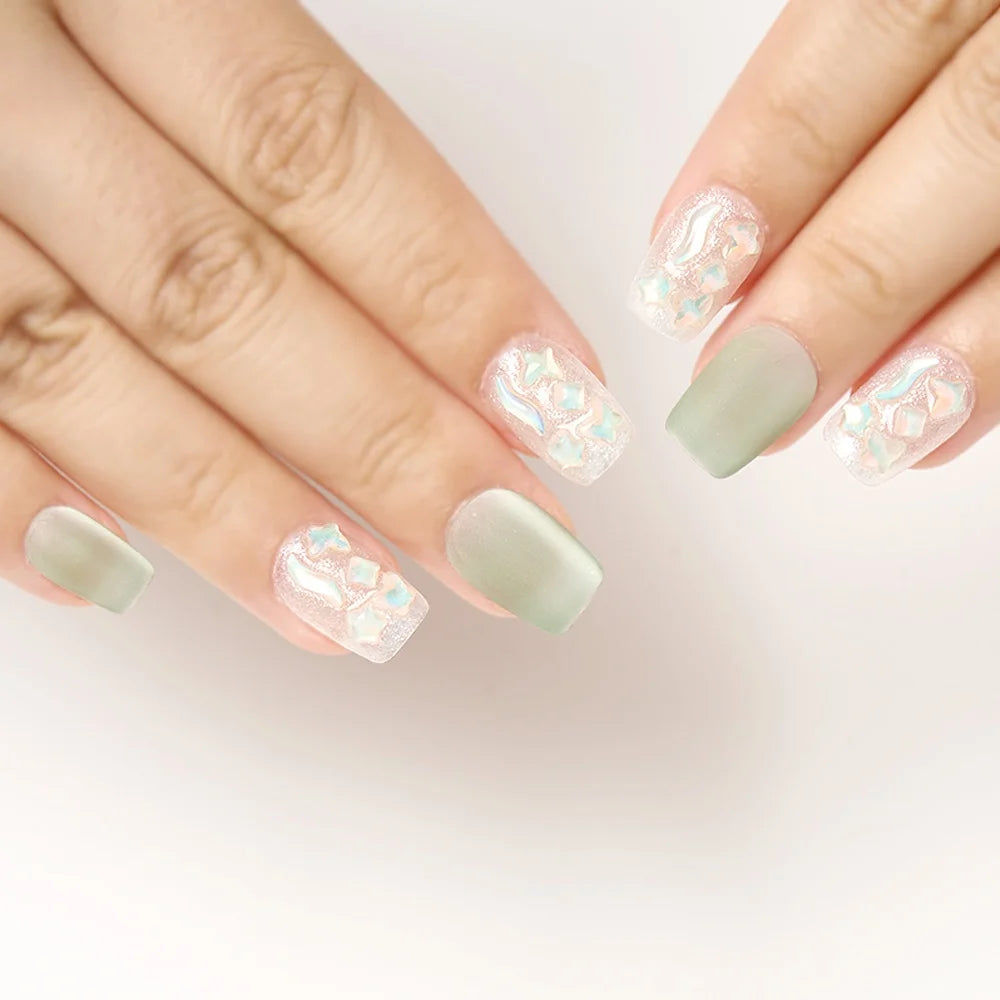 10pcs Handmade Green Gradient Fake Nails Short Square False Nails with Water Diamond Summer Cat's Eye Nails for Women and Girls