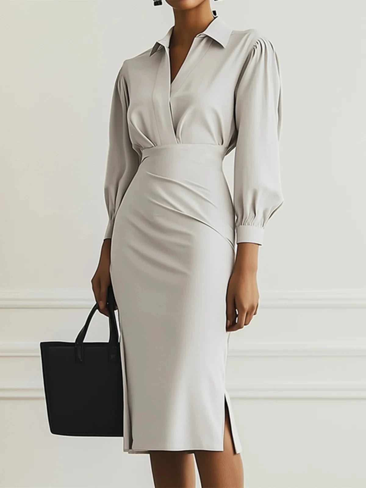 Ingvn  Lady Dress V Neck Long Sleeve White Party Dresses For Women Autumn Midi Dress High Waist Bodycon Dresses