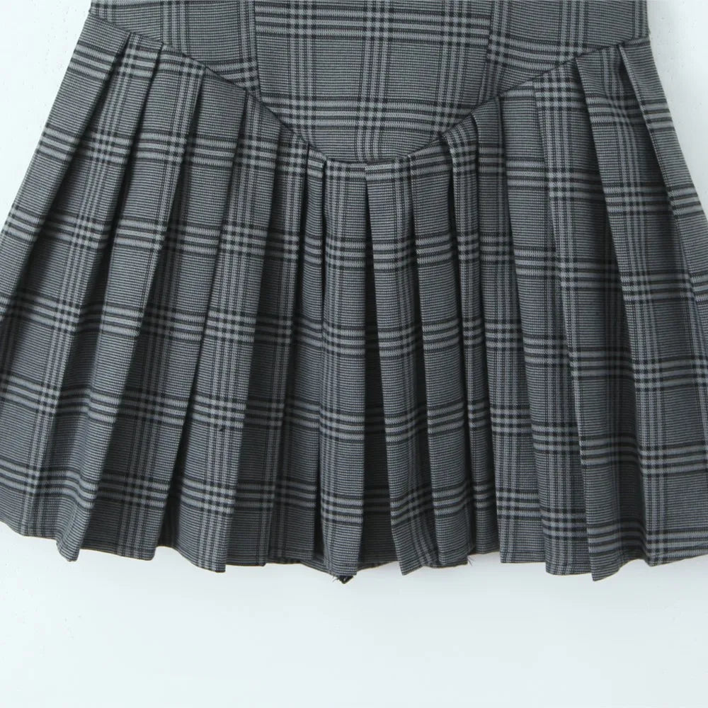 Ingvn  Sexy O neck Gray Plaid Print Sleeveless Mini Dress Low Waist Spliced Folded Pleated Swing Women Tank Dresses Short Robe