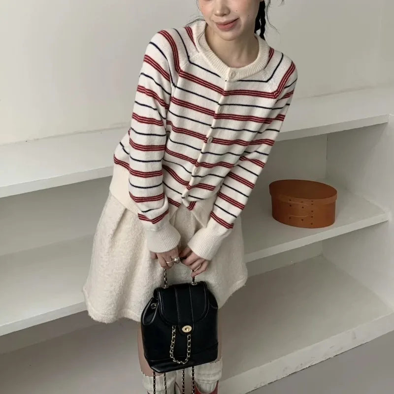 Ingvn - Women's Autumn Winter New Korean Color Block Striped Knit Cardigan Casual Design Versatile Sweater Chic Coquette Trendy