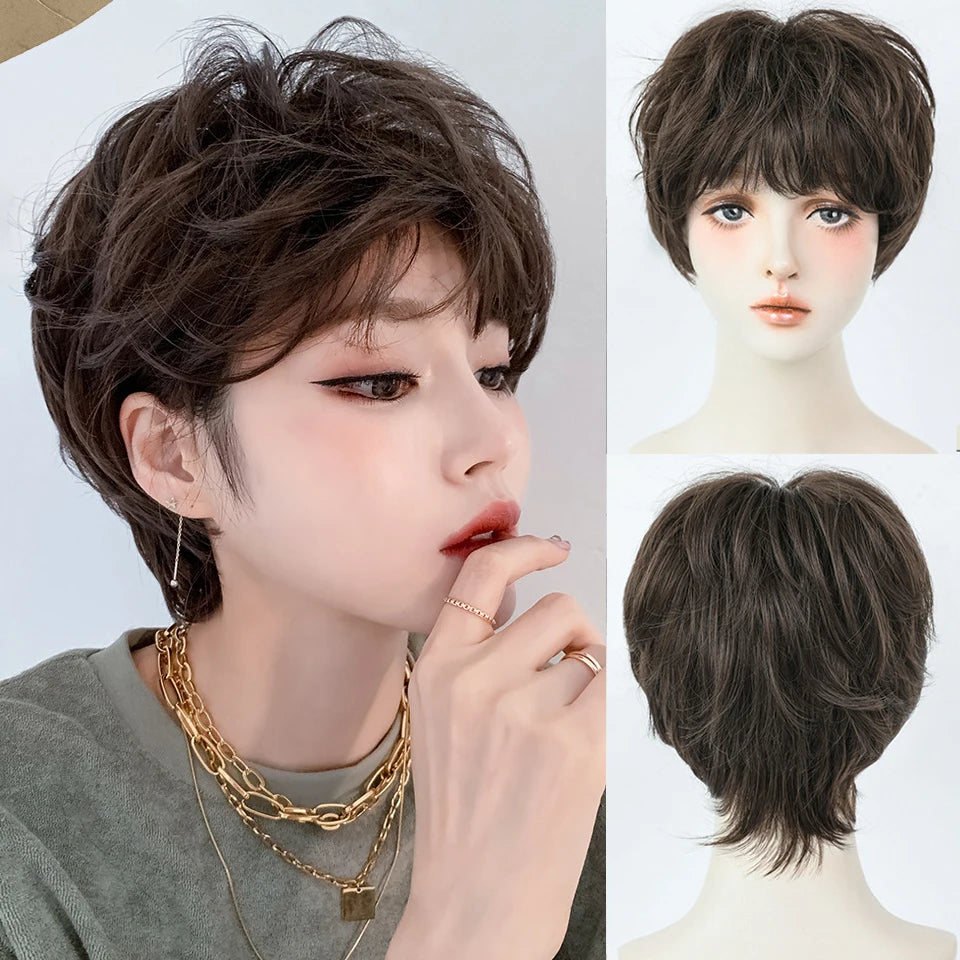 Ingvn  ﻿ Short Brown Straight Synthetic Wig with Bangs Curly Hair Pink Green Lolita Wigs for Women Daily Party Cosplay Christmas Wig