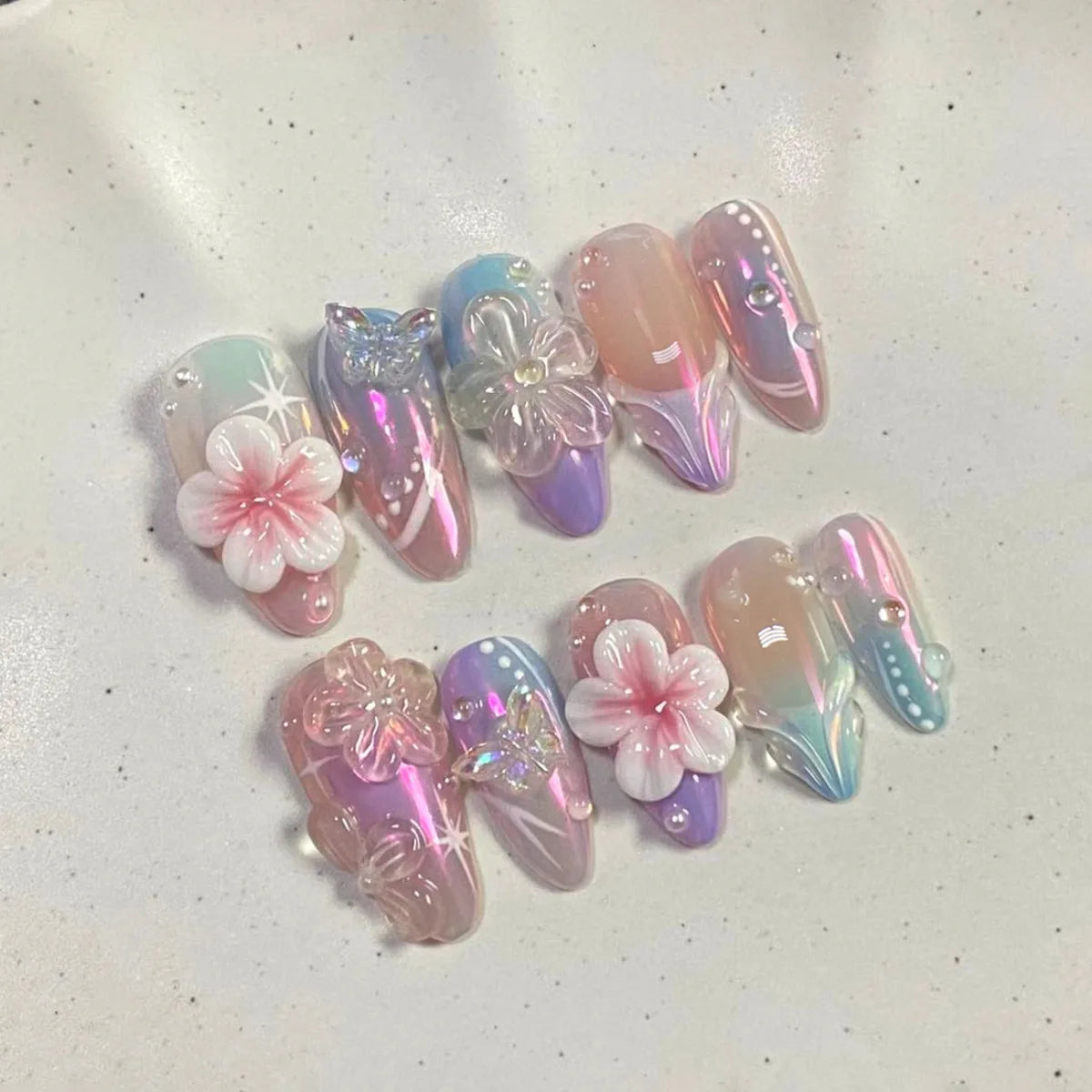 Ingvn  24Pcs Shiny Pink Cat's Eye Full Cover Nail Tips Fashion French Peach Blossom Design False Nails Almond Detachable Press on Nails