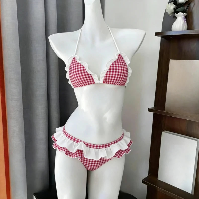 Ingvn  Women's Cute Floral Print Bikini Set Halter Strap Two Piece Swimsuit Ruffle Trim Backless Beachwear Summer Fashion Bathing Suit