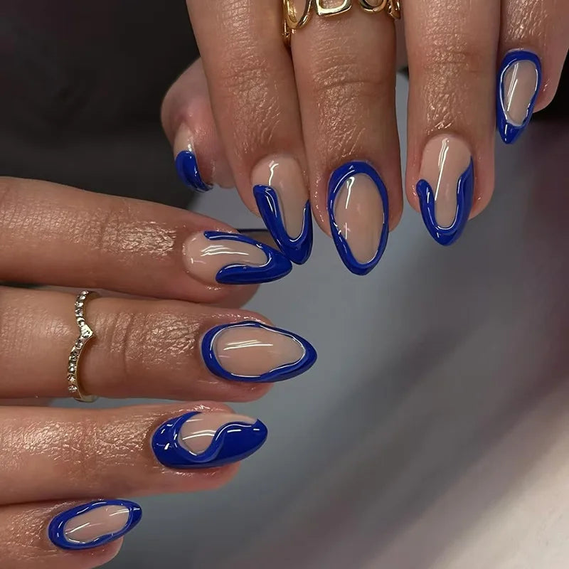 Ingvn  24Pcs Blue French Fake Nails Short Almond Nails Set Press on Wearable Wave Line Golden Star Design False Nails Manicure Tips