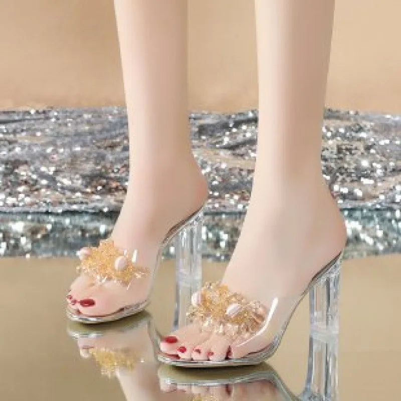 Ingvn  Women's Slippers Women Fashionable New Summer High-heeled  Female  Influencer Crystal Thick-heeled Transparent Women's Sandals