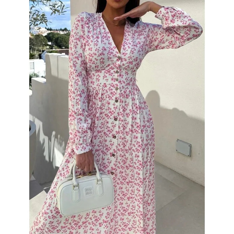Ingvn  Women's Fashion V-neck Single Breasted Long Party Dress Ladies Casual Long Sleeve Floral Printed Comfortable Versatile Dress