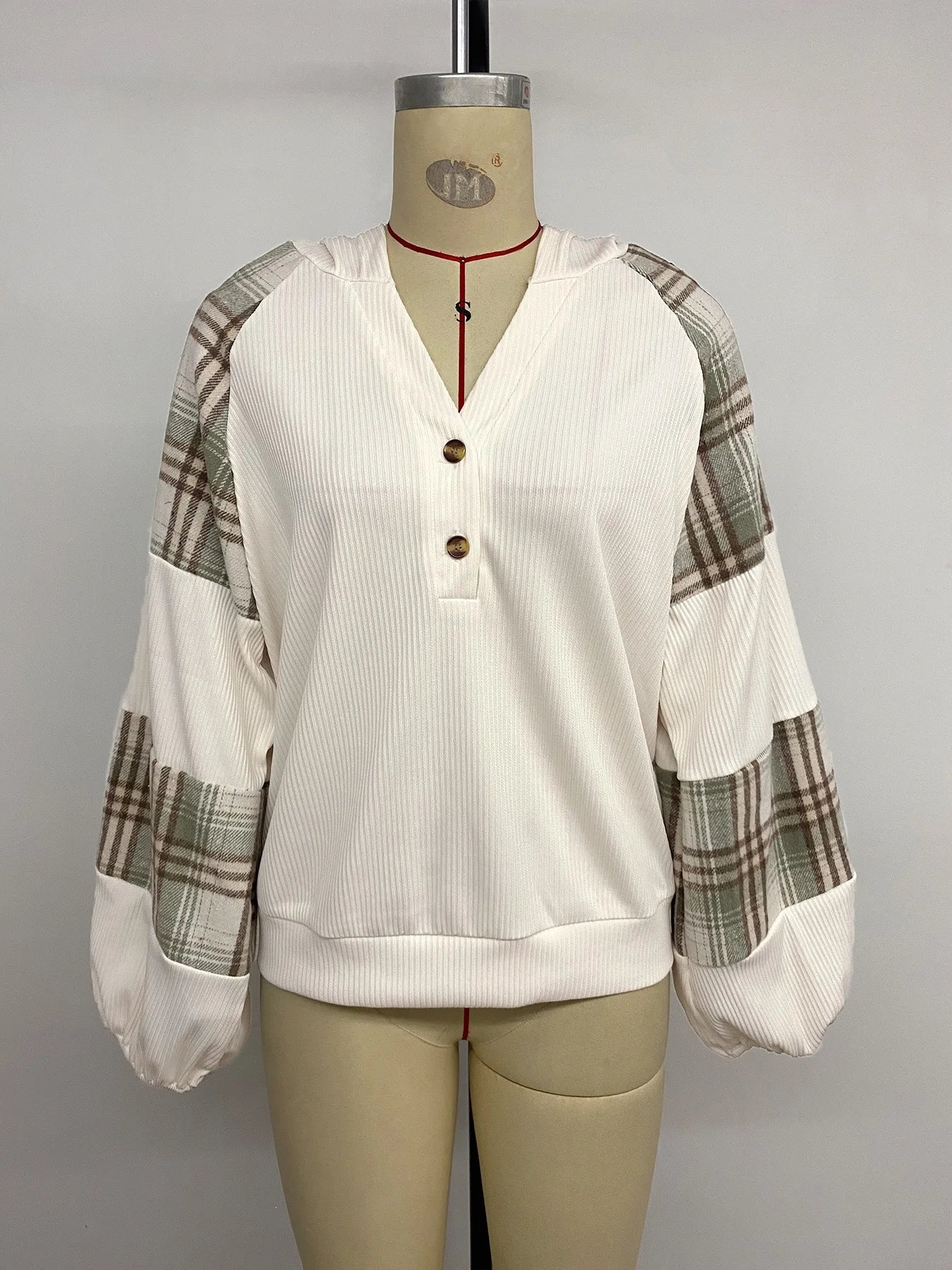Ingvn - Women Hooded Sweatshirt Plaid Splicing Long Sleeve V Neck Button Pullover Lazy Texture Casual Top