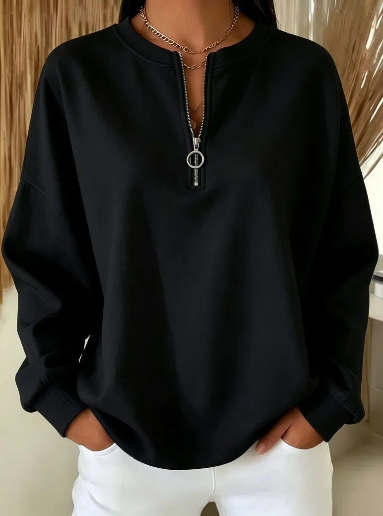 Ingvn - Women Round Neck Half Zip Sweatshirt Long Sleeve Loose Pullover Casual Fall Daily Top