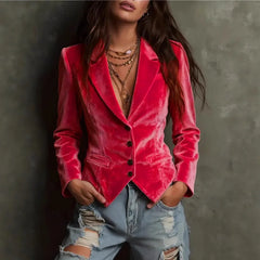 Ingvn  Vintage Velvet Short Jacket for Women's Long Sleeve Notched Collar Single Breasted Elegant Office Lady Slim Fit Outerwear