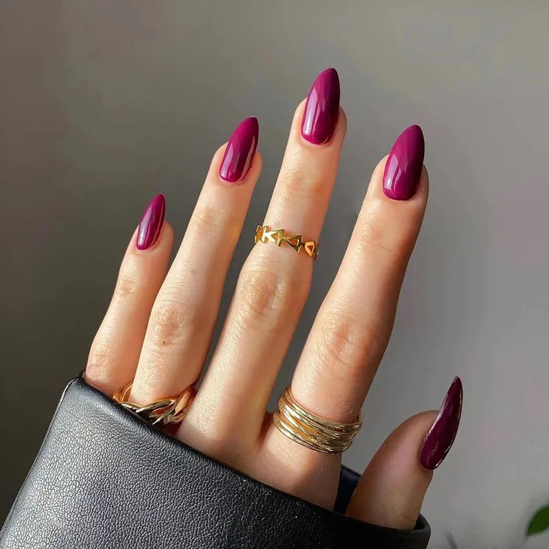 24Pcs Almond Shaped Wearable False Nails Medium Length Solid Colour Acrylic Press on Nail Red Full Coverage Removable Fake Nails