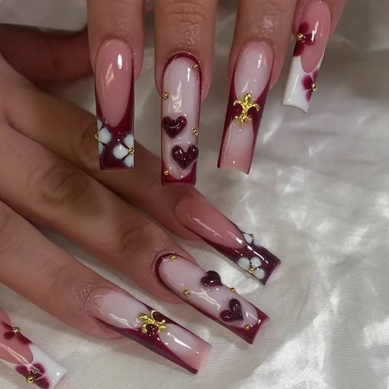 Ingvn  24Pcs Extra Long Red French False Nails Set Simple Sqaure Press on Nails with Flower Shape Rhinestone for Women Fake Nail Art