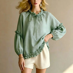 Ingvn  Women's Pullover Round Neck Loose Long Sleeve Shirt Ear-trimmed Shirt with A Loose and Laid-back Style Shirt Top