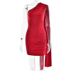 Ingvn  Red Color Evening Party Dresses for Women Diagonal Collar Sleeveless High Waist Patchwork Ribbon Mini Dress Female