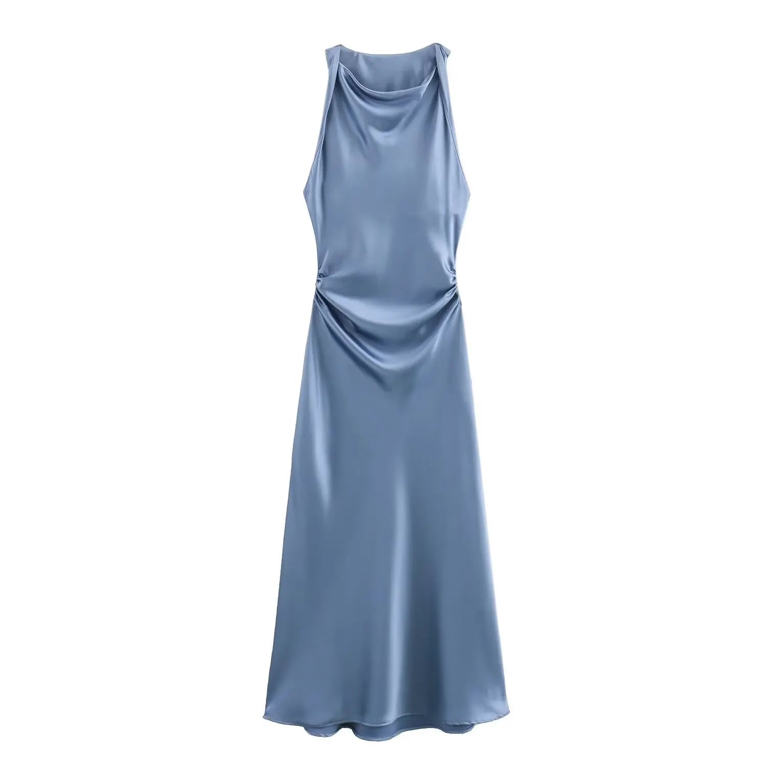 Ingvn  Autumn Satin Texture Sleeveless Midi Dress Round Neck Fashion Evening Dress