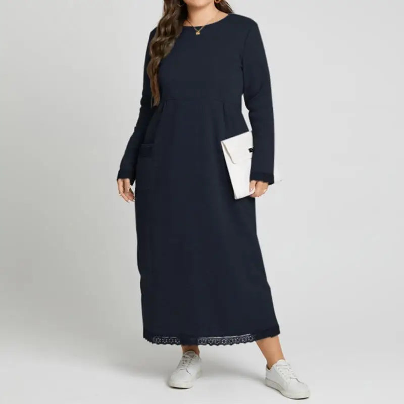 Ingvn  Plus Size 0XL-5XL Women's Fall New Loose Fashion Dress Knitted Lace Long Dress Padded Sweater Casual Dress Sports Dresses