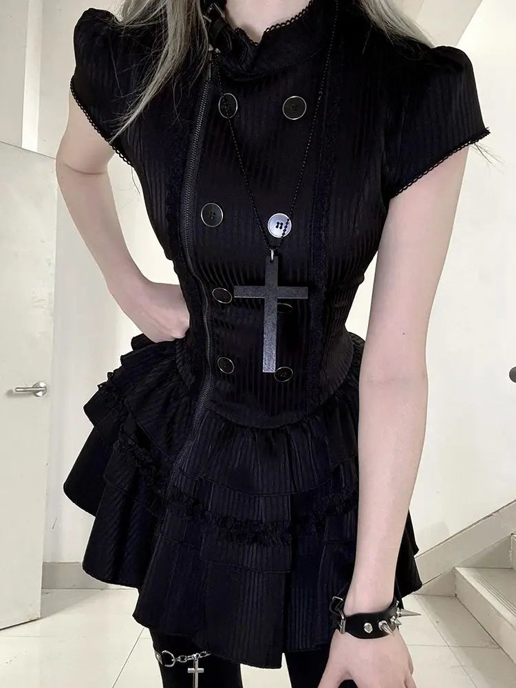 Ingvn  Y2K Aesthetic Harajuku Dress Women Vintage Slim Black Mini Dress Gothic Punk Female Daily