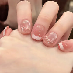 Ingvn  24Pcs Summer Peachy Pink Nail Tips with Star Design Short Round Head Press on Fake Nails Cute Almond Style Wearable False Nails