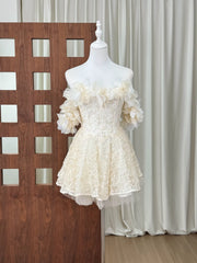 Ingvn  French Elegant Sweet Celebrity 3D Flower Off-Shoulder Lace Embroidery High Waist Slim A-line Fashion Party Short Dress For Women