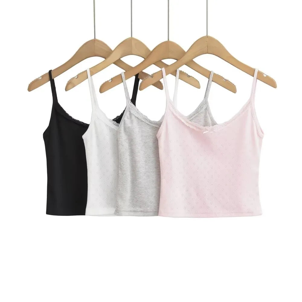 Ingvn  4 colors Sexy Women White Bow O neck Knitted Hollow Out hole Tank Top Slim T-shirts Summer Girl Base Camisole Crop top