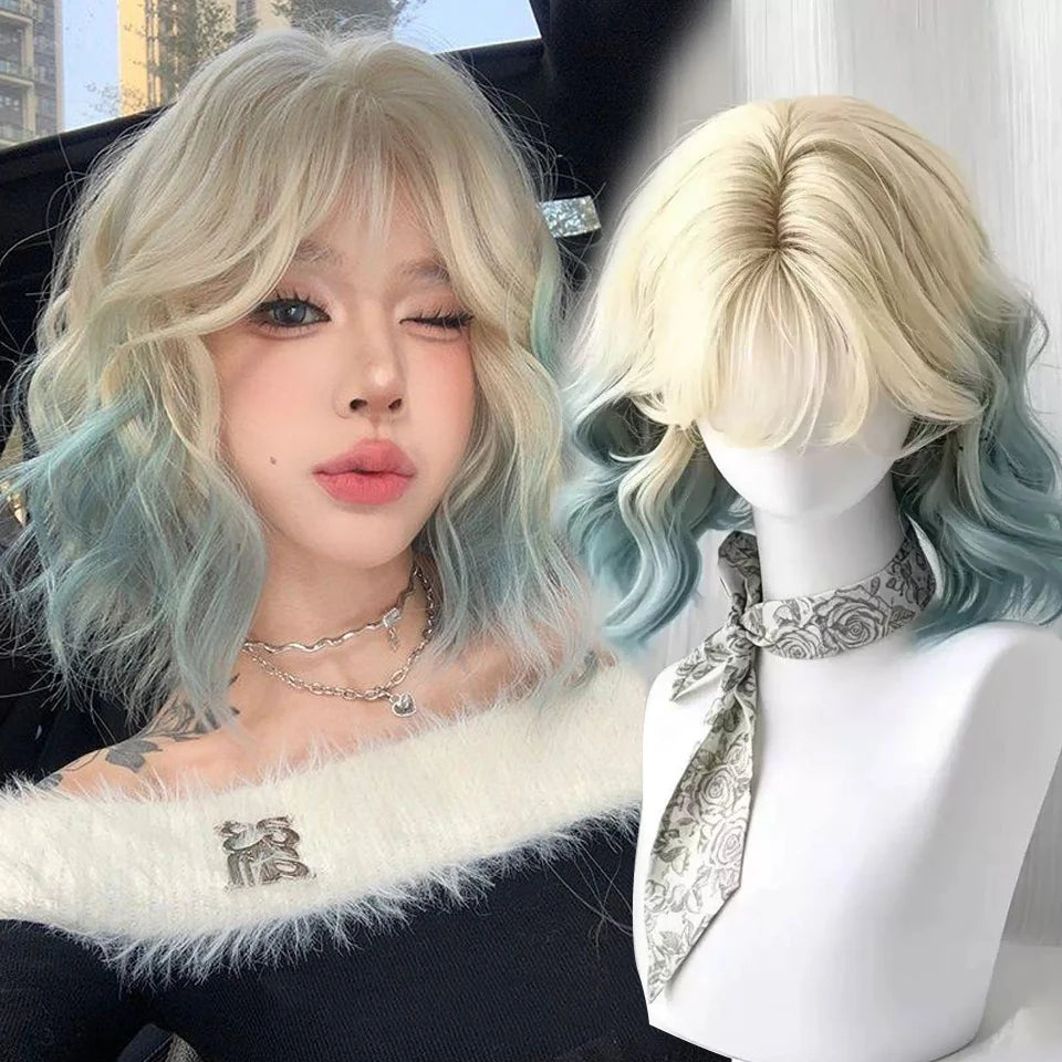 Ingvn  Short Wavy Ombre Pink Hair Wig for Women Synthetic Wig with Bangs Natural Layered Lolita Cosplay Party Cute Wigs