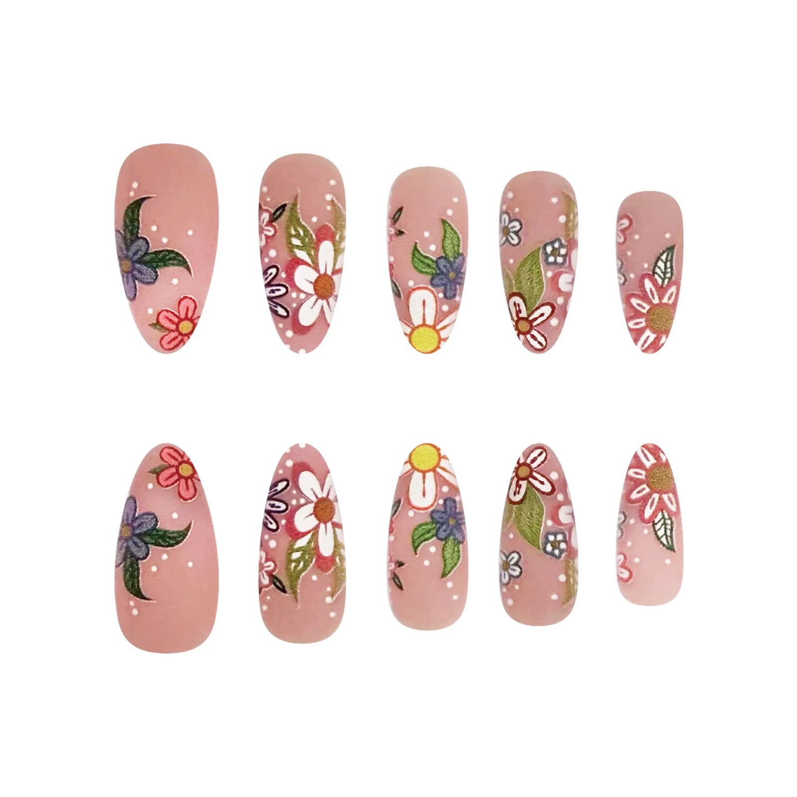 24pcs Spring/Summer Flowers Fake Nail Colorful flower Pattern False Nails Full Cover Wearable Sweet Korean Almond Press On Nails