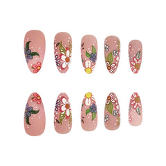 24pcs Spring/Summer Flowers Fake Nail Colorful flower Pattern False Nails Full Cover Wearable Sweet Korean Almond Press On Nails