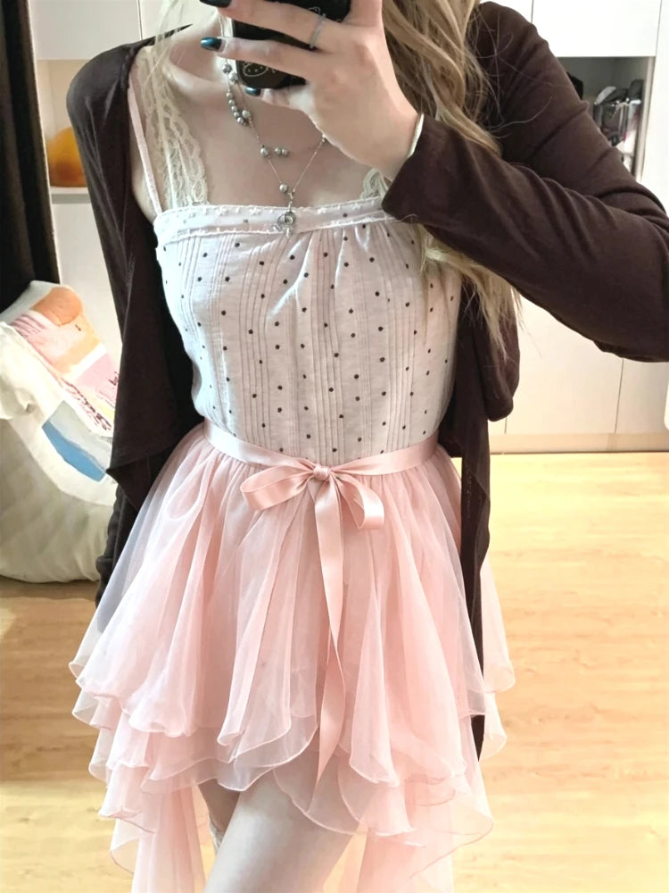 Ingvn  Women Kawaii Vintage Irregular Skirt Y2K Lolita Lace Ruffles Bow Skirt Sweet Cute Harajuku Subculture Party Fashion Skirt