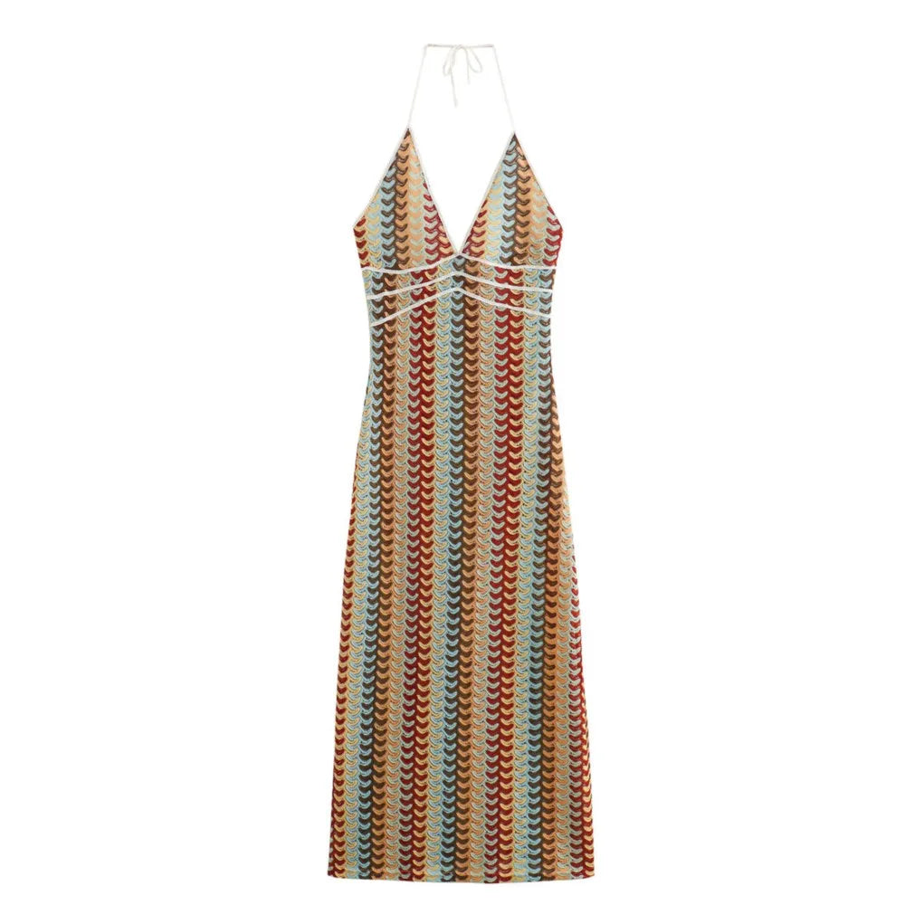 Ingvn  Sexy Colored Geometric Striped Knitted Tie Bow Halter Sling Dress Summer Woman Backless Slim Waist Long Dresses Robe Holiday