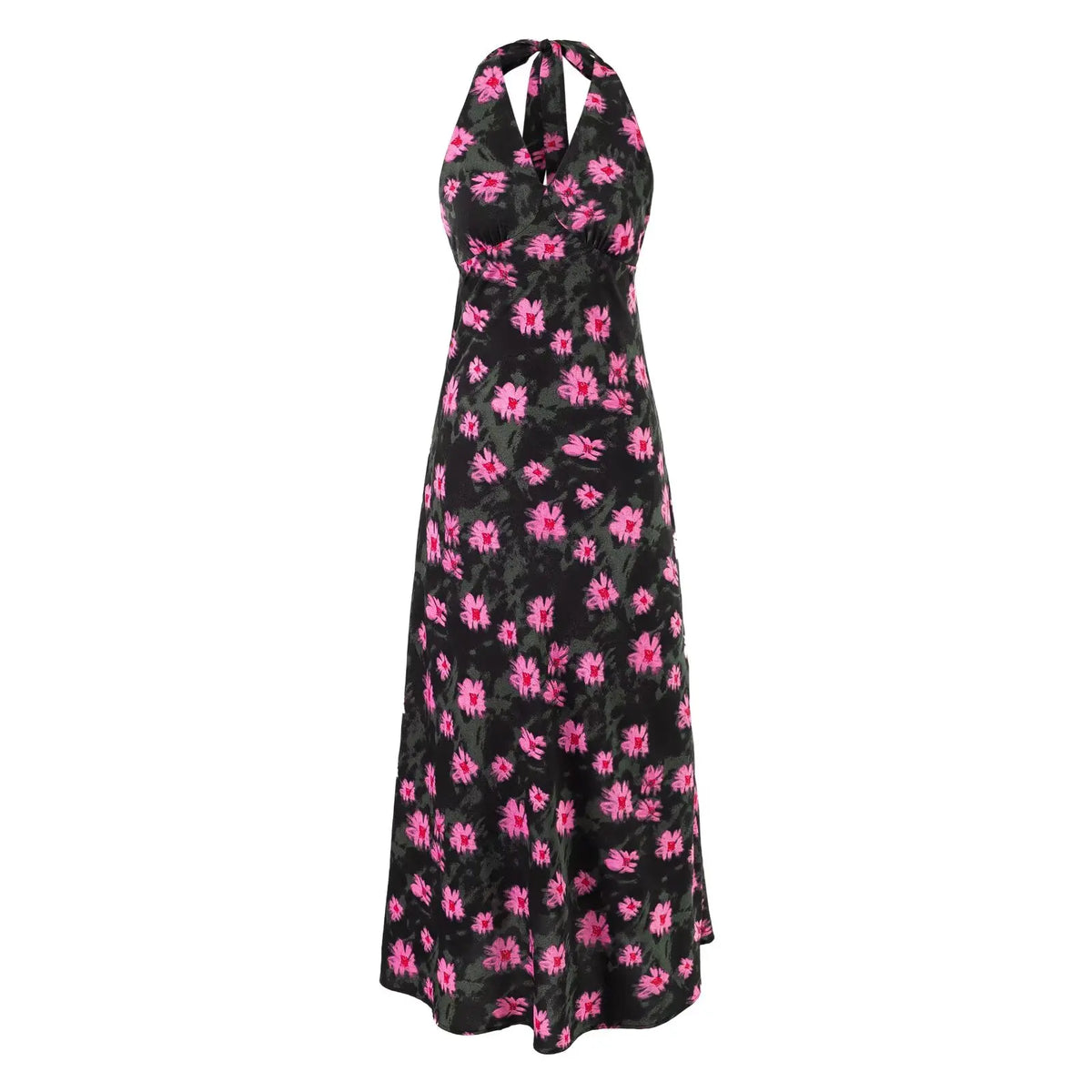 Ingvn  Sexy Black With Pink Floral Print Tie Bow Halter Sling Dress Summer Woman Backless Slim Waist Midi Long Dresses Robe Holiday