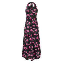 Ingvn  Sexy Black With Pink Floral Print Tie Bow Halter Sling Dress Summer Woman Backless Slim Waist Midi Long Dresses Robe Holiday