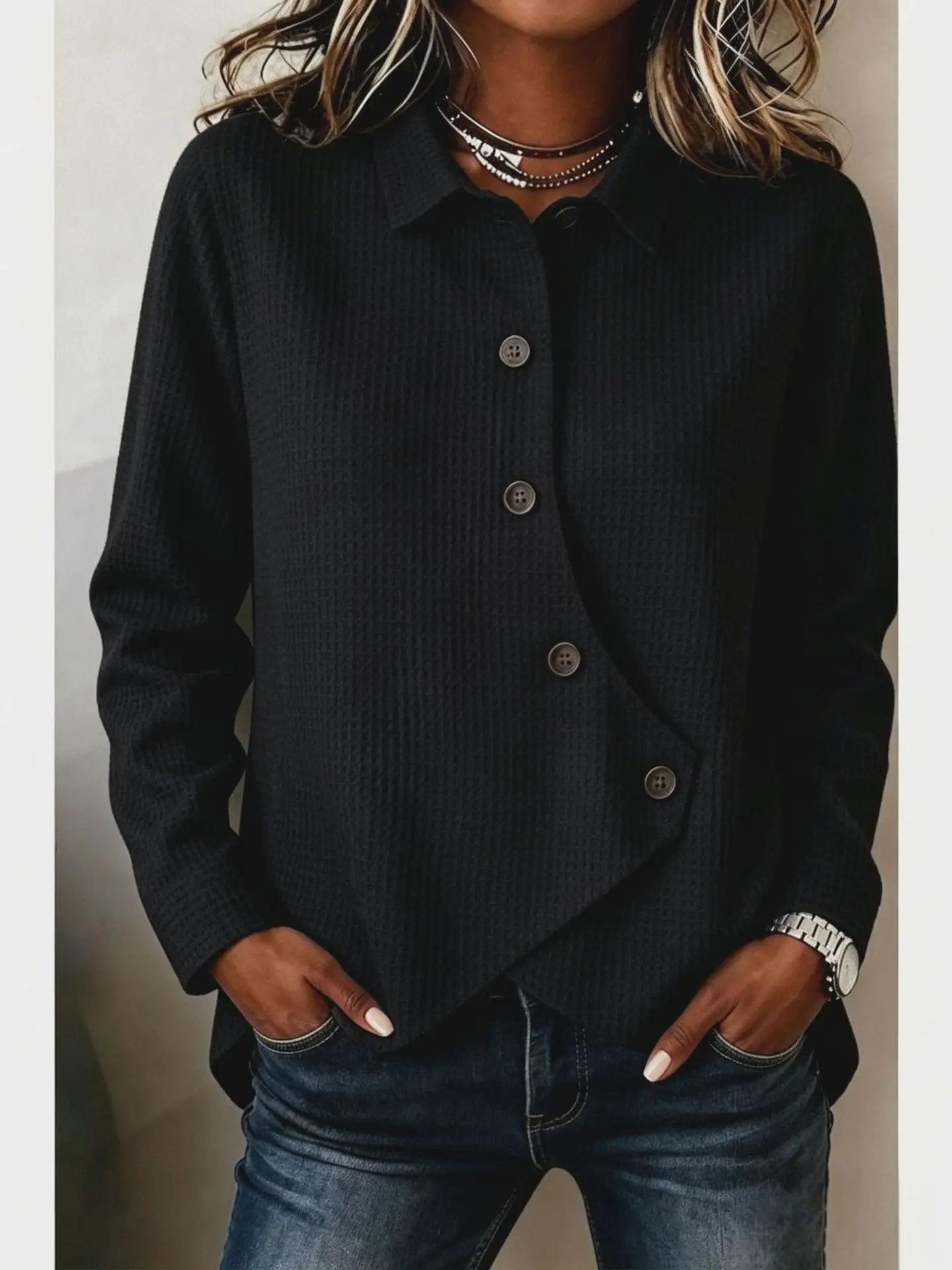 Ingvn  Casual Loose Solid Irregular Shirt & Blouse Women Autumn Winter Fashion Button Long Sleeve Shirts Tops Femme