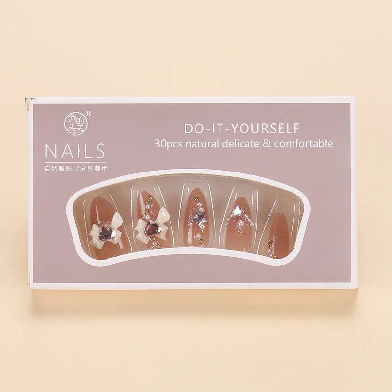 Ingvn  24pcs Love Rhinestone 3d Bowknot Decorated Fake Nails Reusable Adhesive Nail Tips Sparkle Self-adhesive Press on Nails Wholesale