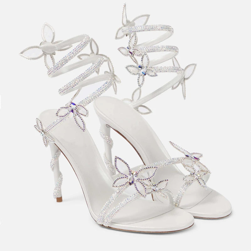 Ingvn  Luxury Crystal Embellished Butterfly Detail Women Sandals Sexy Coiled Strap Thin High heels Gladiator sandals Summer Party Shoes