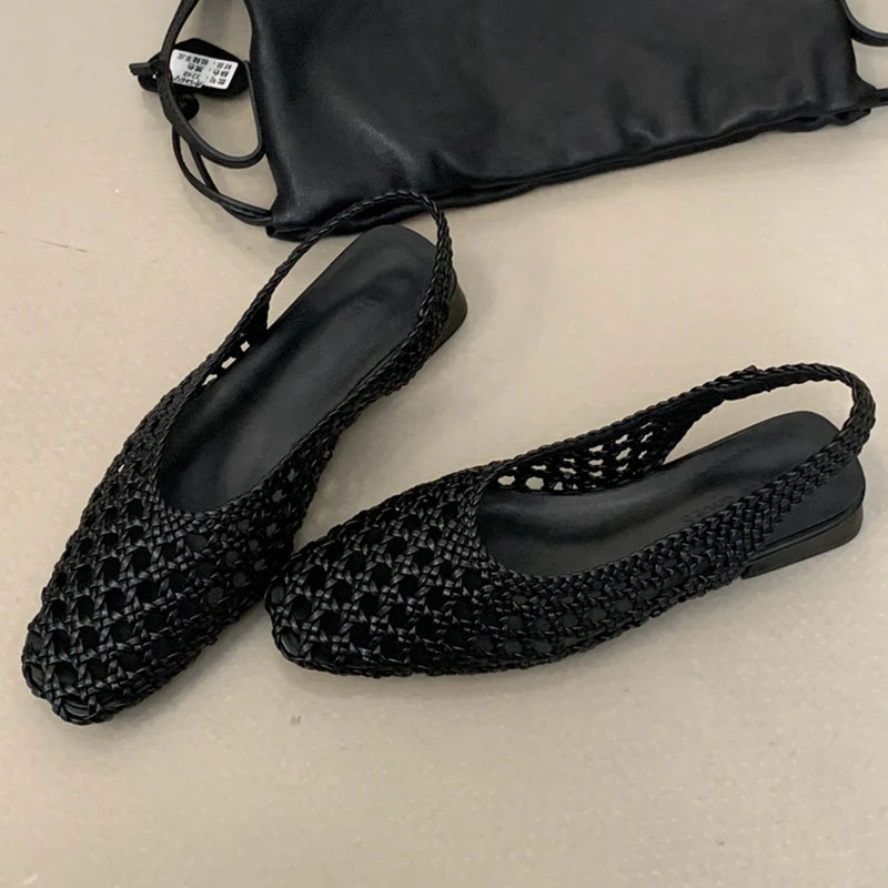 Ingvn  New Women Hollow Out Woven Mary Jane Low Heels Breathable Mesh Slip on Casual Summer Beach Women Shoes