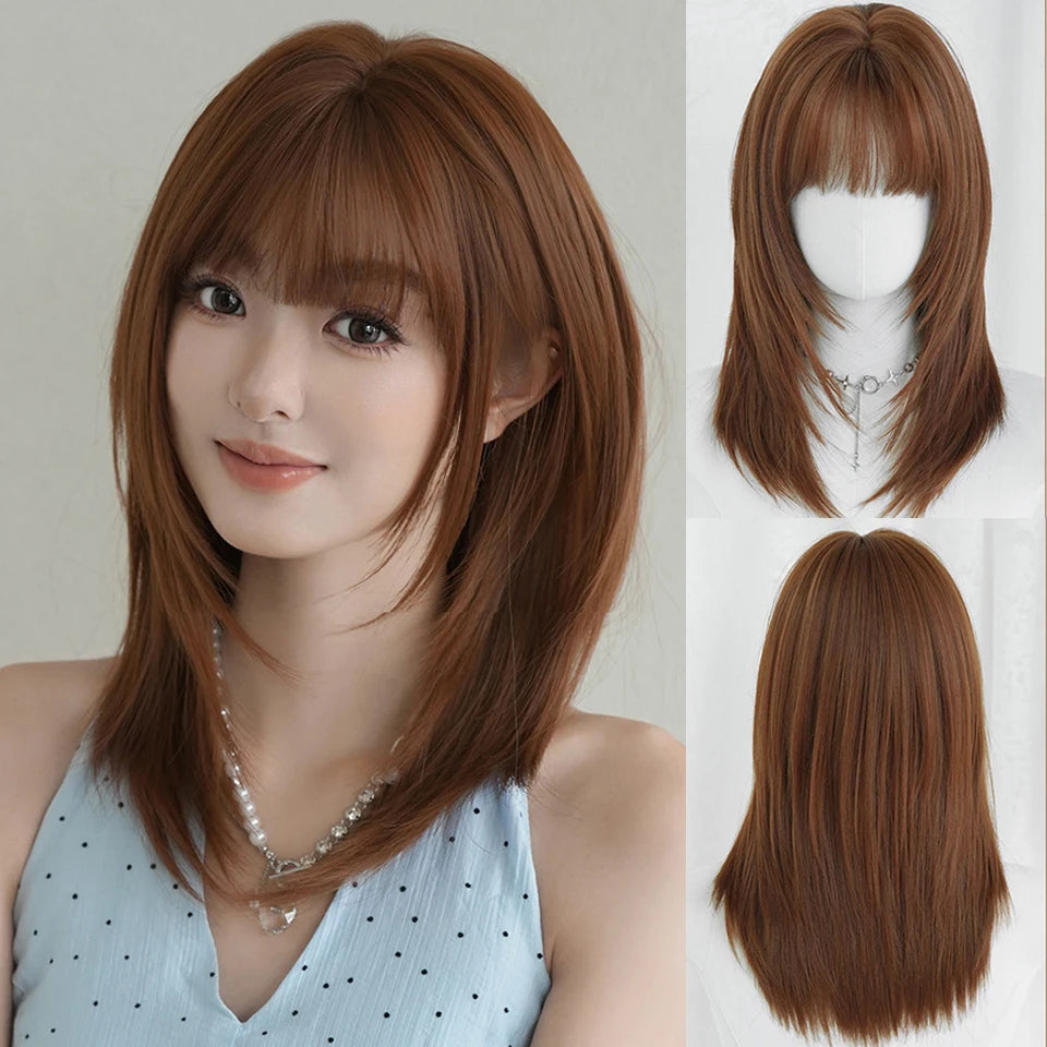 Ingvn  ﻿﻿Short Golden Brown Wig Synthetic Shoulder-Length Layered Straight Hair Lolita Wigs for Women Daily Party Cosplay Halloween Wig