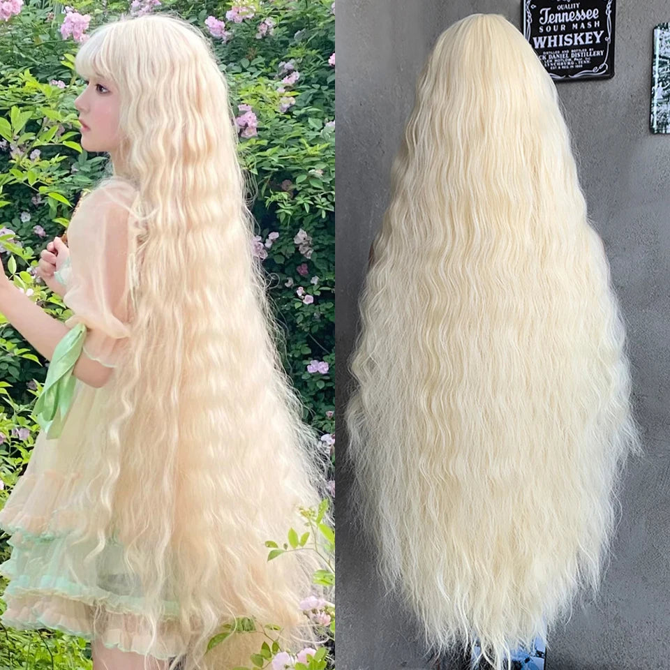 Ingvn - Super Long 100m Wavy Pink Fluffy Wig With Bangs Synthetic Halloween Cosplay Party Green Natural Looking Lolita Wigs For Women