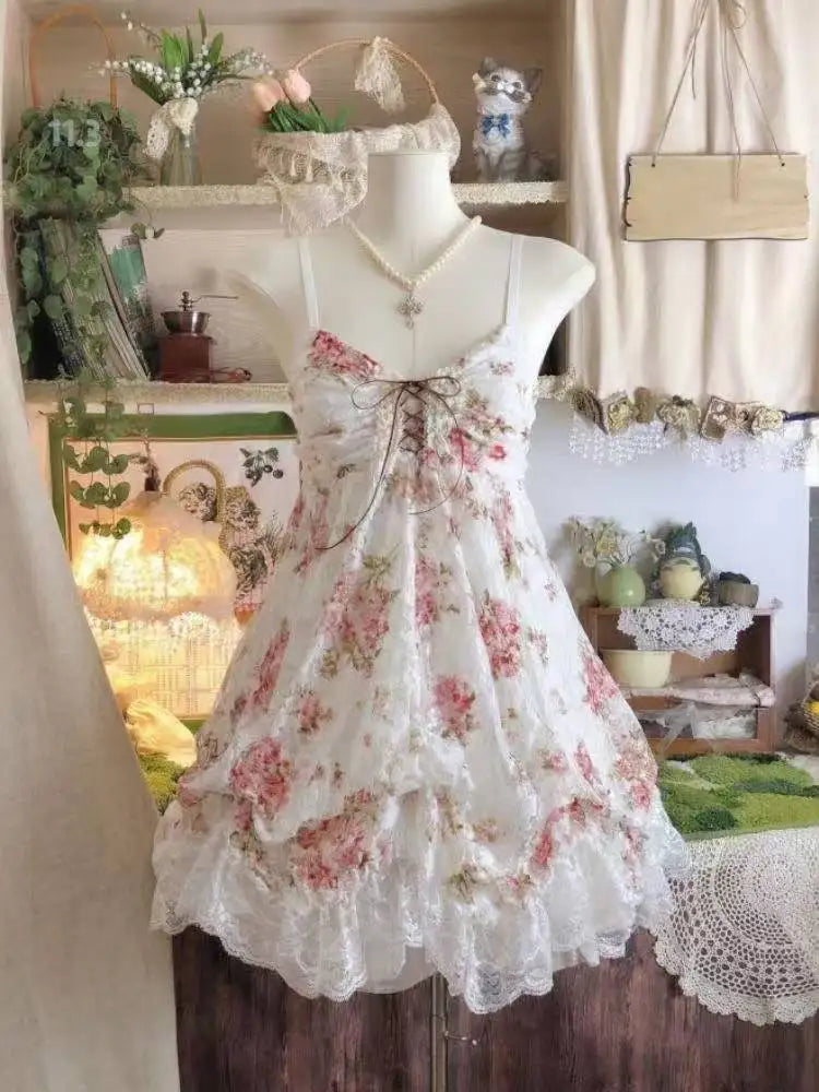 Ingvn  Y2K Vintage Sweet Bud Mini Dress Women Strap Cute Ruffle Dress Summer Casual Streetwear Party Outfits