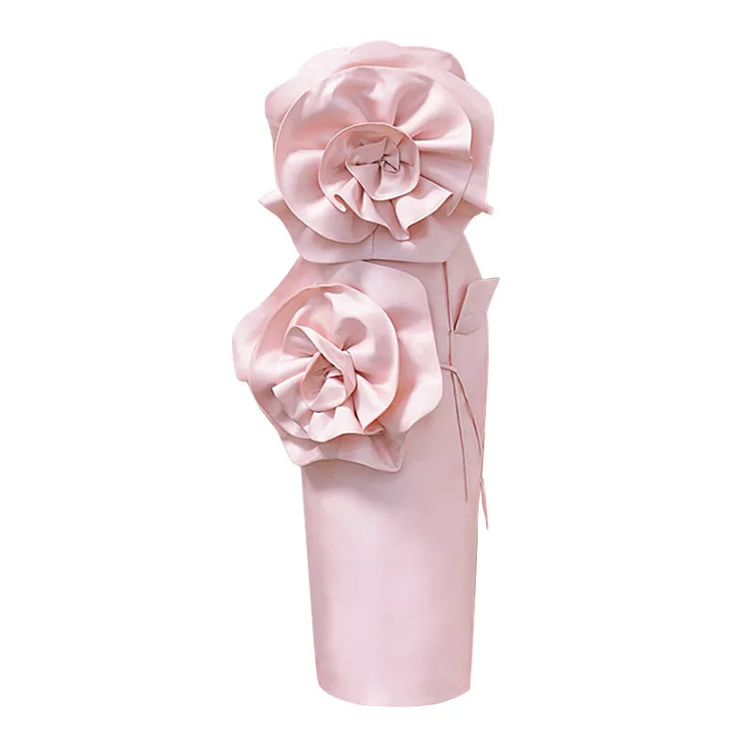 Ingvn  French Elegant Temperament Socialite Sleeveless Off-shoulder 3D Flower Lace-up Slim Hip-wrapped Strapless Long Dress for Women