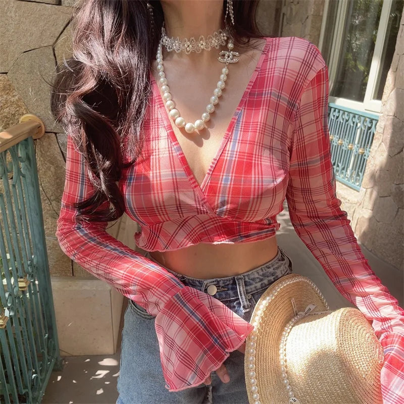 Ingvn  Slim Fit V-Neck  Shirt Sexy Belted Waist Bell Sleeve Holiday Checkered Top Women's Fashion Polyester Fiber Long Sleeve