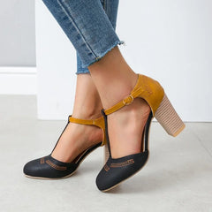 Ingvn  Ladies' Sandals Heel High Shoes Pumps Square Ladies Platform Round Toe T-tied Square Heel Wedding Dress Shoes Casual Rome Pumps