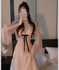 Ingvn  Retro Chinese Style Soft Pink Ethereal Nightgown with Lace  Knot Home Use Vest Pad Included V-Neck Midi Skirt