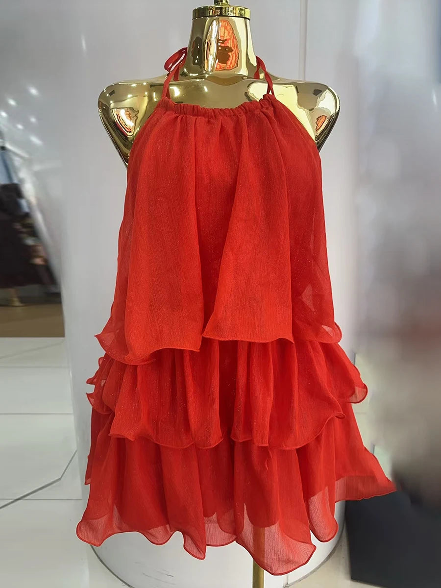 Ingvn  Solid Loose Spliced Ruffles Chic Dress for Women Halter Sleeveless Beach Vacation Dresses Female Summer Fashion New