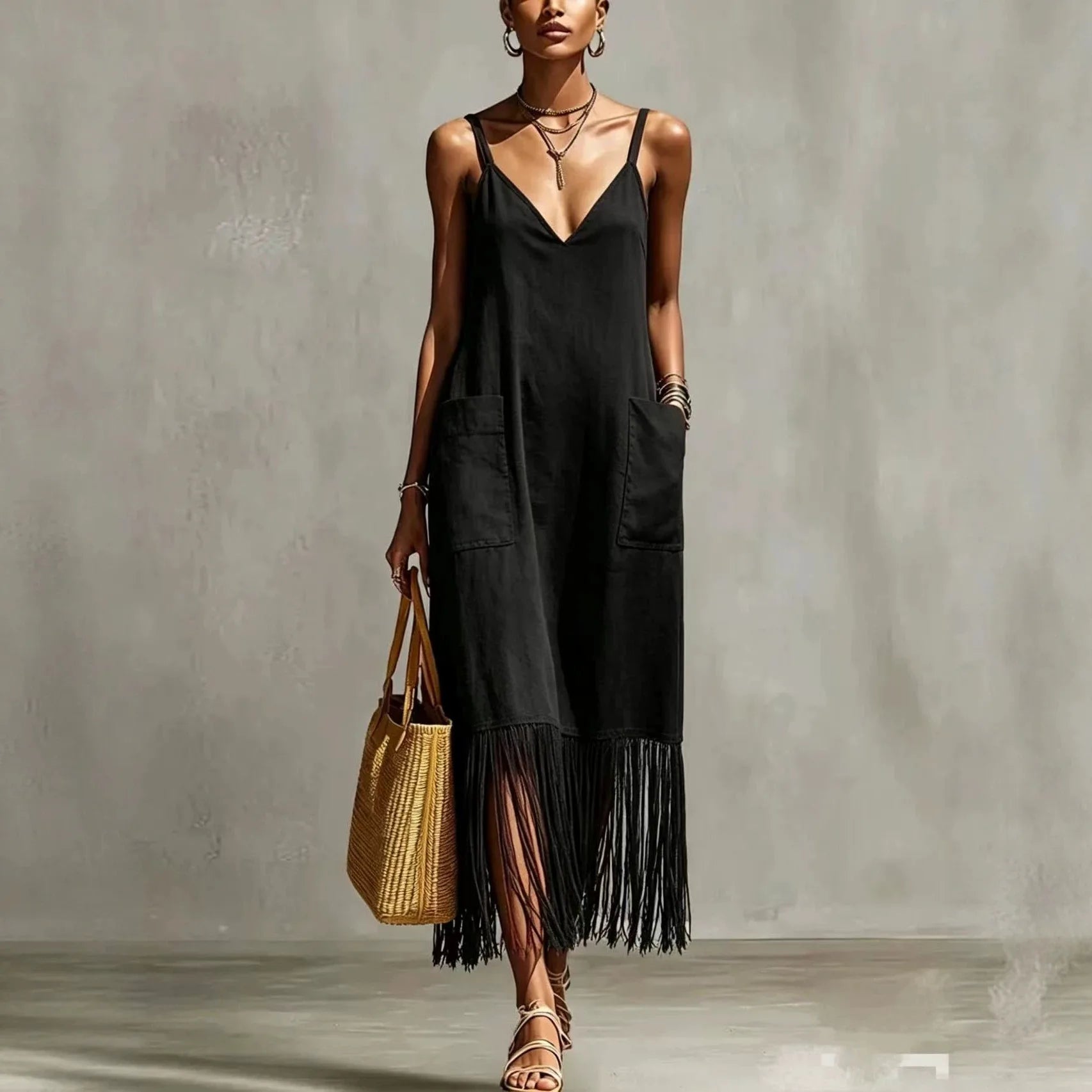 Ingvn  Women's Sleeveless V Neck Tassel Long Dress Fringe Hem Summer Casual Loose Dress  Strap Vacation Sundress with Pockets