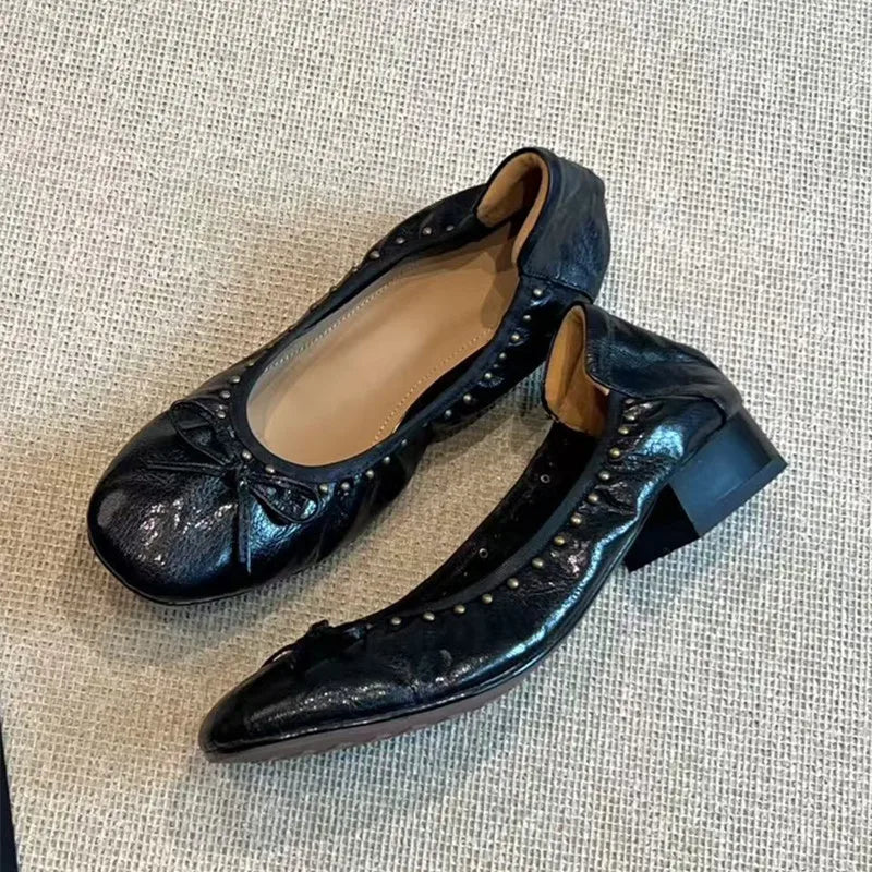 Ingvn  Vintage Rivet Bowknot Women Ballet Pumps Comfortable Soft Leather 3cm Thick Heeled Lazy Loafers Spring Summer Casual Girls Shoes