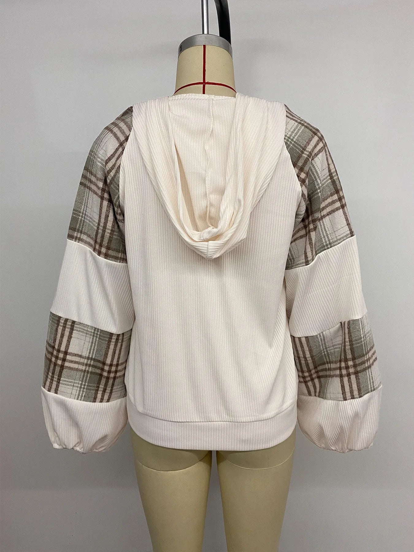 Ingvn - Women Hooded Sweatshirt Plaid Splicing Long Sleeve V Neck Button Pullover Lazy Texture Casual Top
